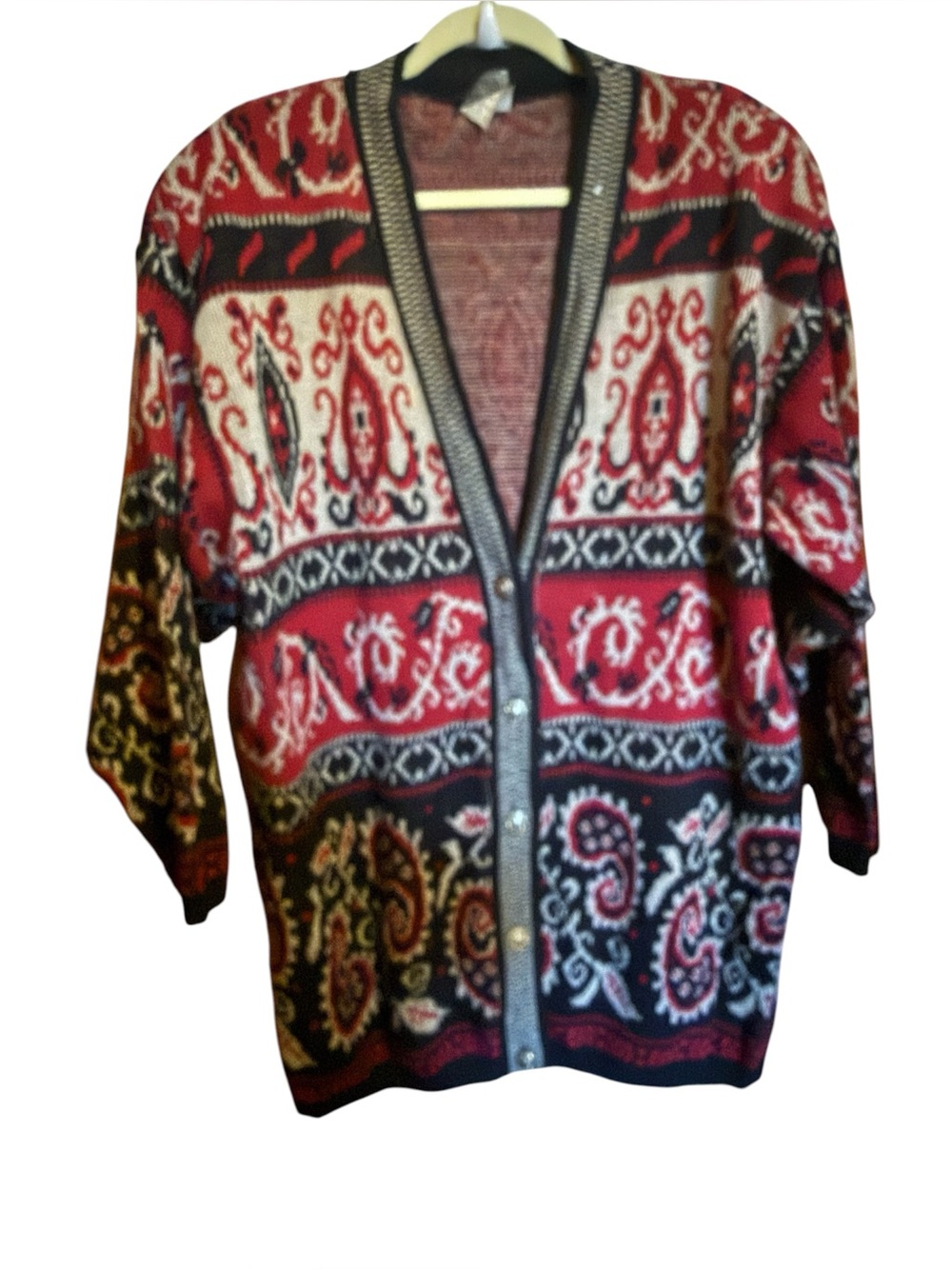 Southern Lady Red Black and Cream Patterned Button Cardigan